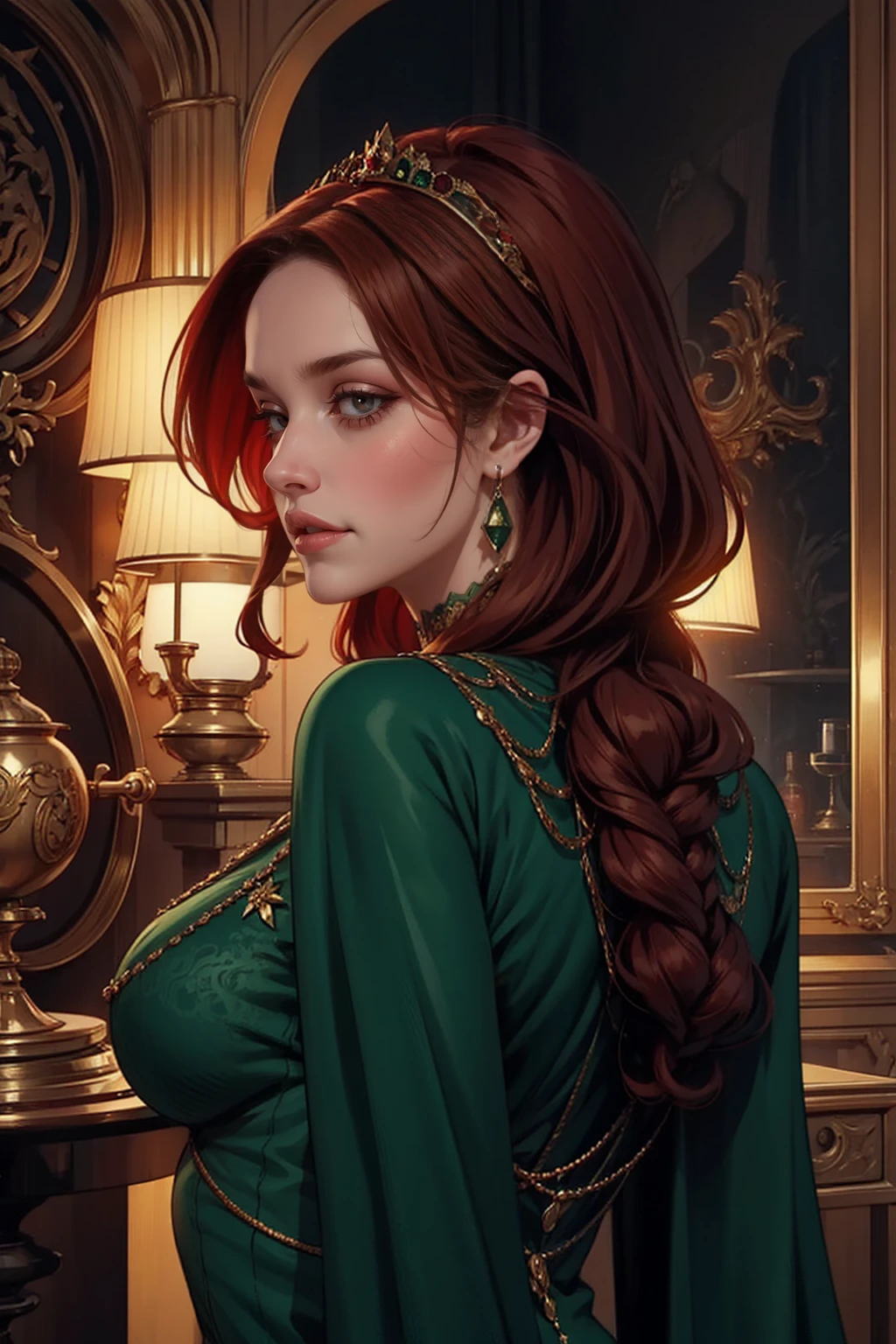 {-erro_de_anatomia:1.0} woman 40 years old, victorian era, queen clothes, (green dress), dark castle, a woman (alicent hightower), meddium dark red hair (dark red hair), (brown eyes) . Indifferent look , merciless. among the dragons, dinamic poses, egoist smile, upper body, backwards, looking back