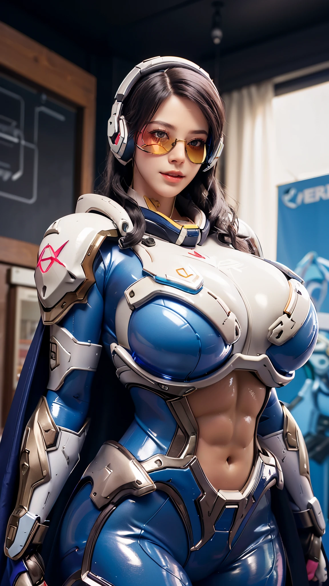 Cosplayer_Queen, CLOSE UP UPPER BODY,solo, COWBOY SHOT, ((E-SPORT HEADPHONE, CAUCASIAN WAVY BLODE HAIR:1.4)), (GIGANTIC FAKE BREASTS,11 LINE ABS:1.5), (TIGHT BLUE FUTURISTIC MECHA BODYSUIT OVERWATCH, ROYAL LONG CAPE:1.5), (MUSCULAR SLENDER BODY SHAPE:1.5), (CLEAN GLOSSY BODYSKIN:1.5), (LOOKING AT VIEWER:1.6), (BACKGROUND FUTURISTIC SPACE STATION:1), (Photorealsitic:1.4), (Ultra-detail), (TOP-QUALITY), (BEST SHADOWS), BRIGHT LIGHT IN ROOM, HYPER TEXTURE, (4X MSAA), ((UNREAL ENGINE 5 RENDER)), (NEON), PHYSICALLY-BASED RENDERING, ULTRA HIGHT DEFINITION, 16K, 1080P.