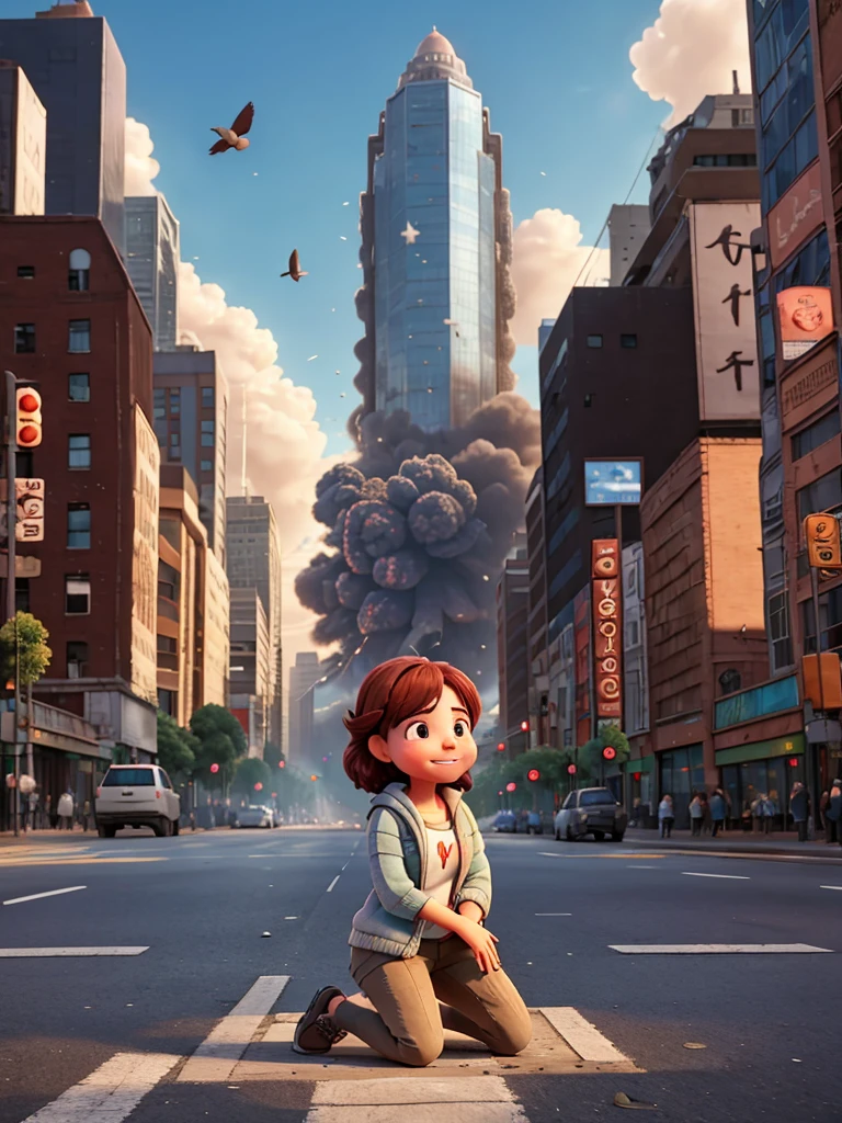 A person kneeling in the street crying a lot and in the background a city being destroyed by several birds, with civilians running scared and explosions happening 