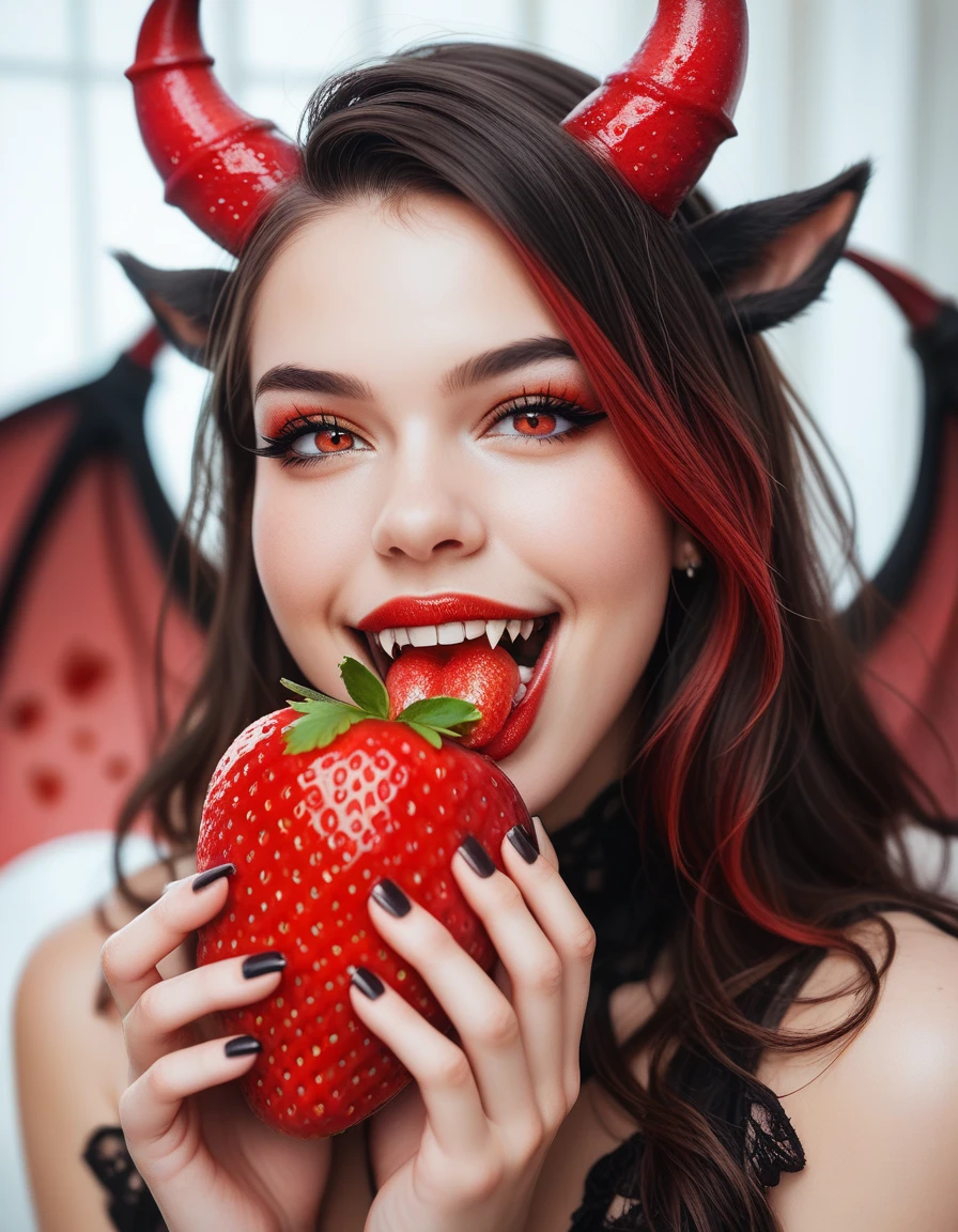 score_9, score_8_superior, score_7_superior,Strawberry-eating female devil、Wolf-like Fangs、Bull-like horns、Large bat-like wings、Devil's Tail、Red glowing eyes、Black thin dress、Elaborate and detailed faces、Ideal body type、、Tight waist、Long limbs、On a moonlit night、Castles with Gothic architecture、Cowboy Shot、