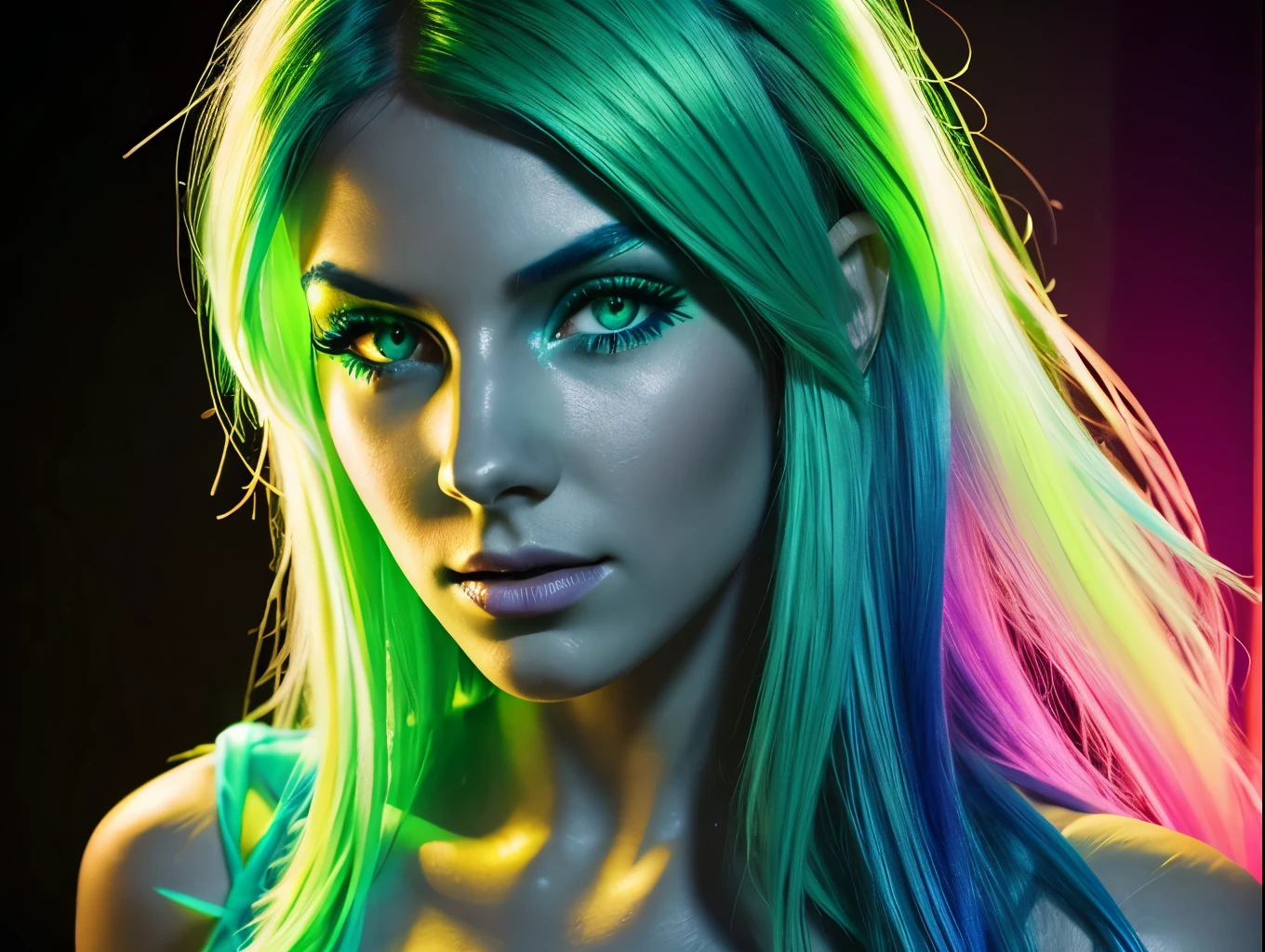 a beautiful girl with glowing fluorescent skin, piercing neon green eyes, and long flowing fluorescent blue hair, photorealistic, 8k, highly detailed, intricate, colorful, dramatic lighting, sci-fi, bio-luminescent, surreal, hyperrealistic