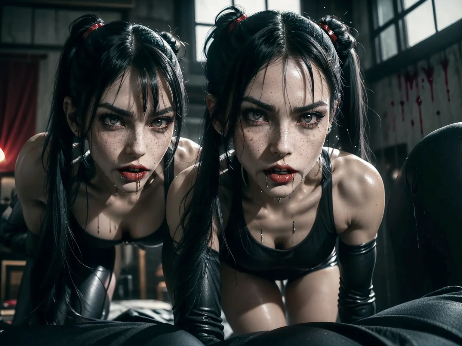 (((red dripping blood))), ((1 female vampire with sharp perfect fangs)), (She is sucking on a man's penis to the hilt), she is biting into a man's penis with her sharp fangs intense, super slutty,, POV imamate insertion, (skintight slutty and revealing bodysuit), helpless and at a giantesses mercy ,the 2 women are looking down at you at their feet, ((POV from a Giantess's soon to be human dildo)), ((skirt/pantyhose)), perfect legs and skinny thighs, pantyhose, ((perfect tight ass)), tight wet pussy, giantess, dread, impending death, sex, domination, ((Perfect eyes and face)), ((closed wet full lips)), ((perfect hands and fingers)), ((( a lot of white cum is dripping out of her pussy))), ((she has a skinny and toned strong body)), ((makeup)), ((freckles)), ((perfect eyebrows)), ((sharper edges)), ((perfect scary grey eyes)), perfect intimidating face, slut, sadistic, predatory, better detail on her skin, perfect face and strong jawline, perfect full wet lips, sadistic atmosphere, wet sweaty skin, more detail, beautiful intimidating grey eyes, ((beautiful horror)), better lighting, more toned muscles, perfect detail on her intimidating eyes, very tight underwear, ((tight pussy)), (((tighter clothing))), slutty, intense, perfect detail, tight and sexy, ((piercings)), skinny, skinny and strong, more skin showing, intense, slutty, freckles, long skinny perfect legs, scary and intense, she is a skinny and toned 25 year old sexy and perfect and intimidating Japanese/American skinny/tone futuristic evil retribuition alice, pale white skin, eye contact, (full tall body is shown), (((hair with short ponytails and bangs))), , perfect face and eyes, she has a skinny and athletic body wearing pantyhose, only her full body is shown above the viewer looking down at him, perfect face, perfect strong jawline, perfect lips, best resolution, perfect bone structure, femdom, she has a skinny and toned young perfect body and legs, tight stockings