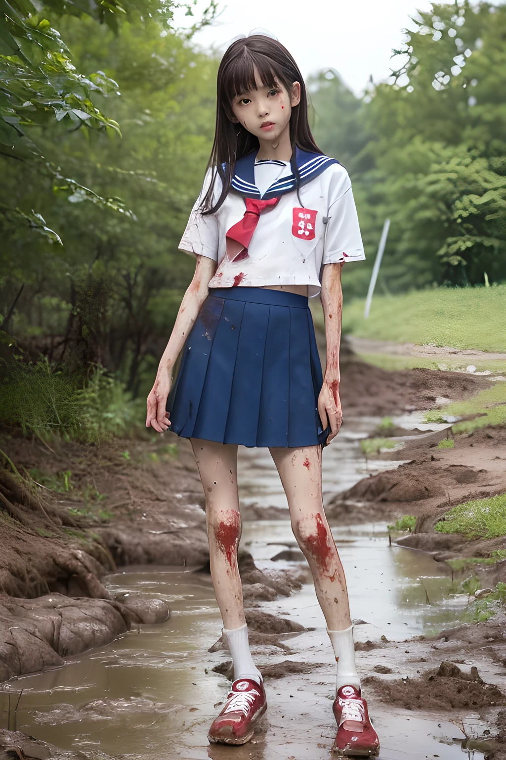 (8K、RAW Photos、highest quality、masterpiece:1.2), (Realistic、Photorealistic:1.2), (High resolution skin:1.1), Beautiful young girl,japanese, 12 years old,small breasts,(Slender girl:1.4),(Thin legs:1.5),(dark blue mini skirt:1.1),sailor suit,( White socks:1.1), Short sleeve,sneakers, whole body,schoolyard,(standing),(dirty legs:1.3),(muddy legs:1.3),(wounds,bloody legs:1.4)