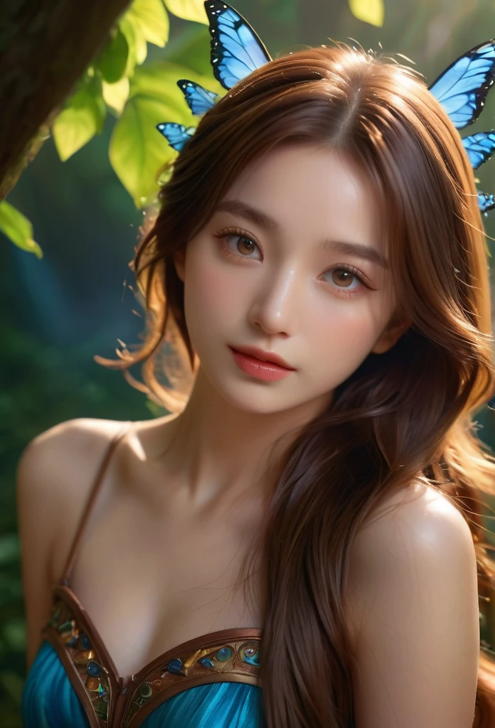 (character,20-year-old girl,adventurous fairy,beautiful,happy,brown hair,long hair),(best quality,4k,8k,highres,masterpiece:1.2),ultra-detailed,(realistic,photorealistic,photo-realistic:1.37),fantasy,portrait,vibrant colors,soft lighting,detailed face,detailed eyes,detailed lips,detailed skin,detailed clothes,detailed accessories,detailed background,cinematic,dramatic lighting,magical,whimsical, (symmetrical face:1.5),