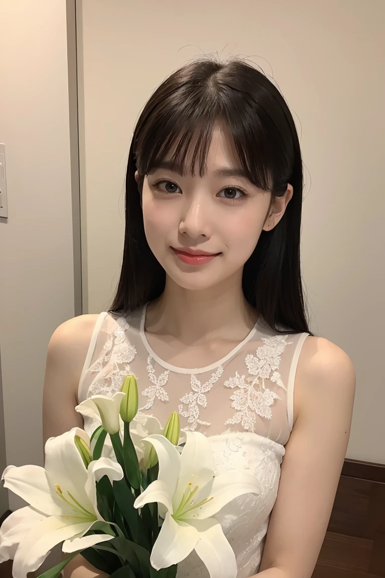 Medium Size Display, Medium Shot, Written boundary depth, bust, Upper Body, Movie angle, masterpiece, Highest quality, Very detailed, CG, 8k wallpaper, Beautiful Face, Delicate eyes, Otome, alone, smile, bangs, skirt, Formal blouse, Bouquet of lilies