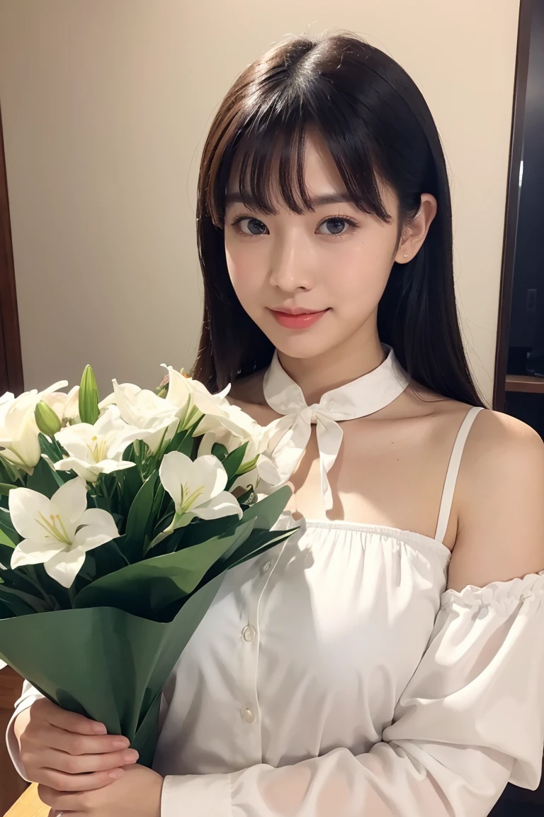 Medium Size Display, Medium Shot, Written boundary depth, bust, Upper Body, Movie angle, masterpiece, Highest quality, Very detailed, CG, 8k wallpaper, Beautiful Face, Delicate eyes, Otome, alone, smile, bangs, skirt, Formal blouse, Bouquet of lilies