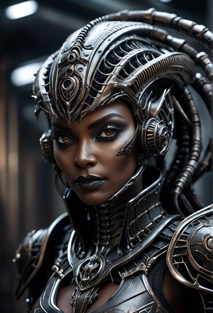 Ebony Female superior ancient Strigoi vampire,brown skin,dark alien armor,black exoskeleton, horror, dreamlike, (Artstation:1.1), (intricate:1.1), (great eye detail:0.7), solo, female, looking at viewer, photorealistic, 8k, unreal engine, inspired by HR Giger, half body portrait, highly detailed,