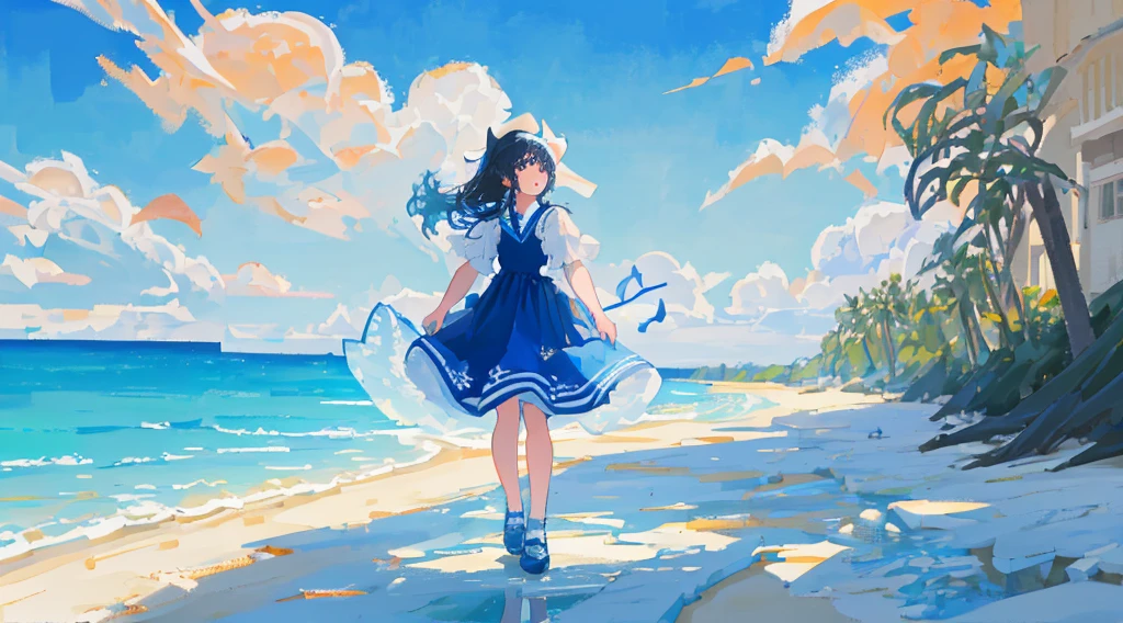 tmasterpiece,best qualtiy,ultra - detailed,illustratio,sportrait,1 Girl 2. Blue sky and white sand beach:Women stroll on the white and delicate sand,Above is the reflection of the clear blue sky in the clear water。A breeze ruffled her hair,Her eyes sparkled with joy。