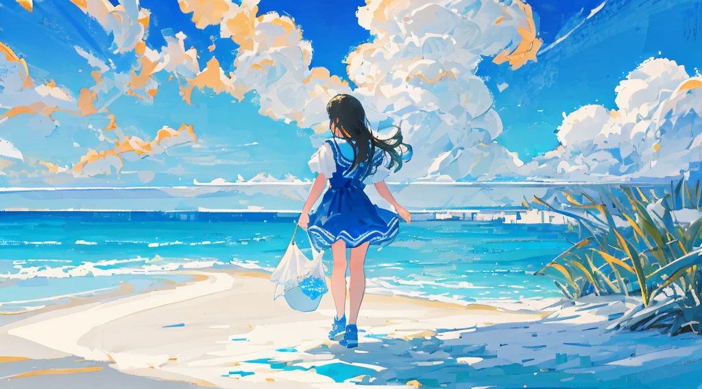 tmasterpiece,best qualtiy,ultra - detailed,illustratio,sportrait,1 Girl 2. Blue sky and white sand beach:Women stroll on the white and delicate sand,Above is the reflection of the clear blue sky in the clear water。A breeze ruffled her hair,Her eyes sparkled with joy。