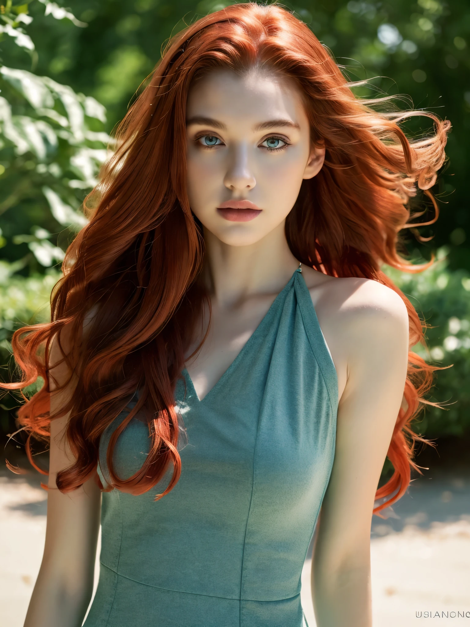 ( masterpiece, top quality, best quality,8k, girl,ultra detailed,raw photo:1.5),(photorealistic:1.4), (long red hair:1.5), (cinematic lighting), PerfectNwsjMajic, , Surrealism, UHD, ccurate, Super detail, textured skin, High detail, Best quality, dynamic angle, (high nose,White skin),[Beautiful blue eyes],[flat chest:large breasts:0.5],(1girl),(good anatomy:0.5)),(outside:1.5),dress