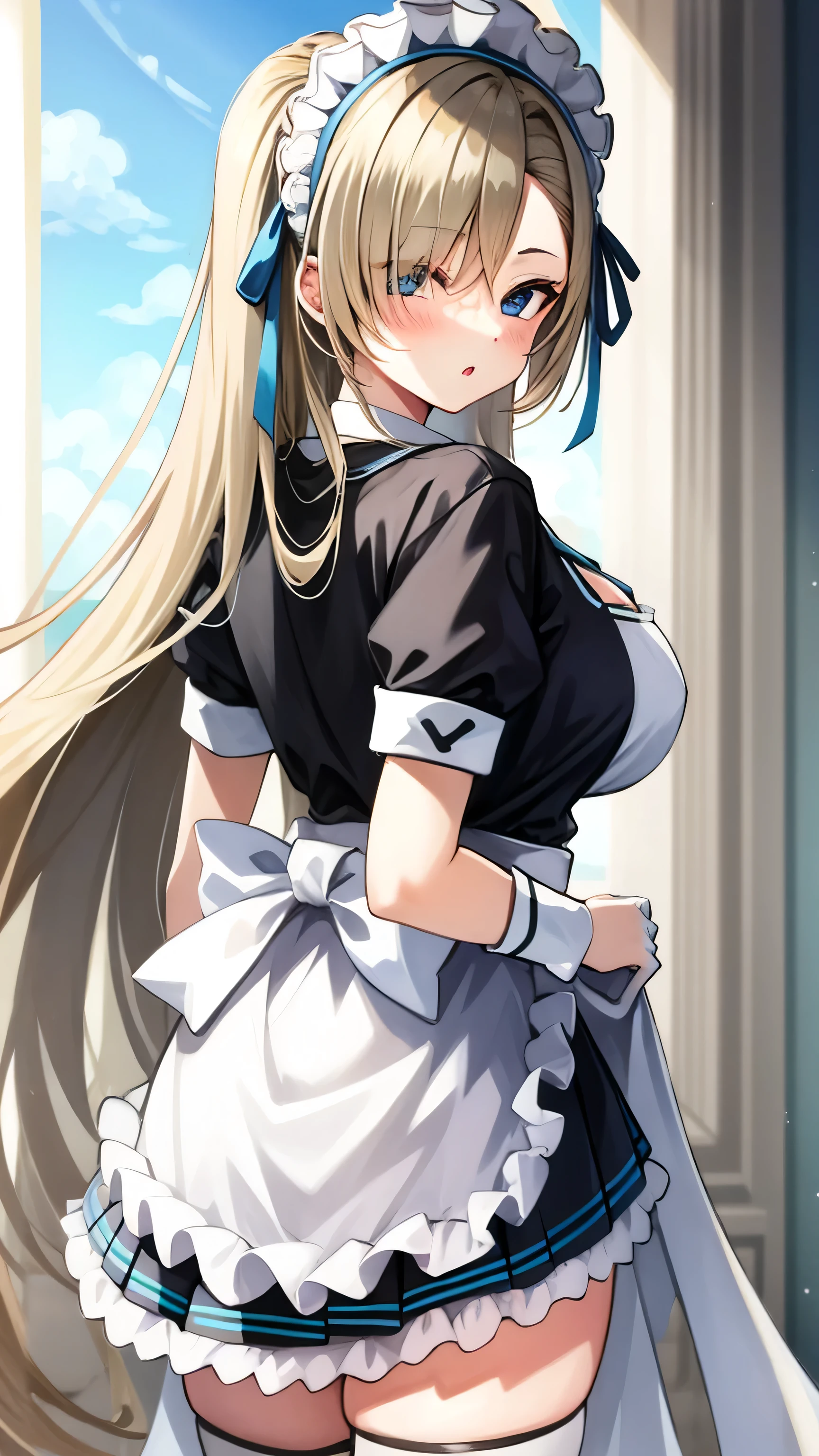 (highres), (absurdres), (best quality), (high quality), (masterpiece), 1girl, asuna, blue eyes, long hair, halo, hair over one eye, very long hair, light brown hair, (large breasts), hair ribbon, maid, maid headdress, apron, frills, frilled apron, puffy sleeves, short sleeves, white gloves, white thighhighs, arms behind back, looking at viewer,