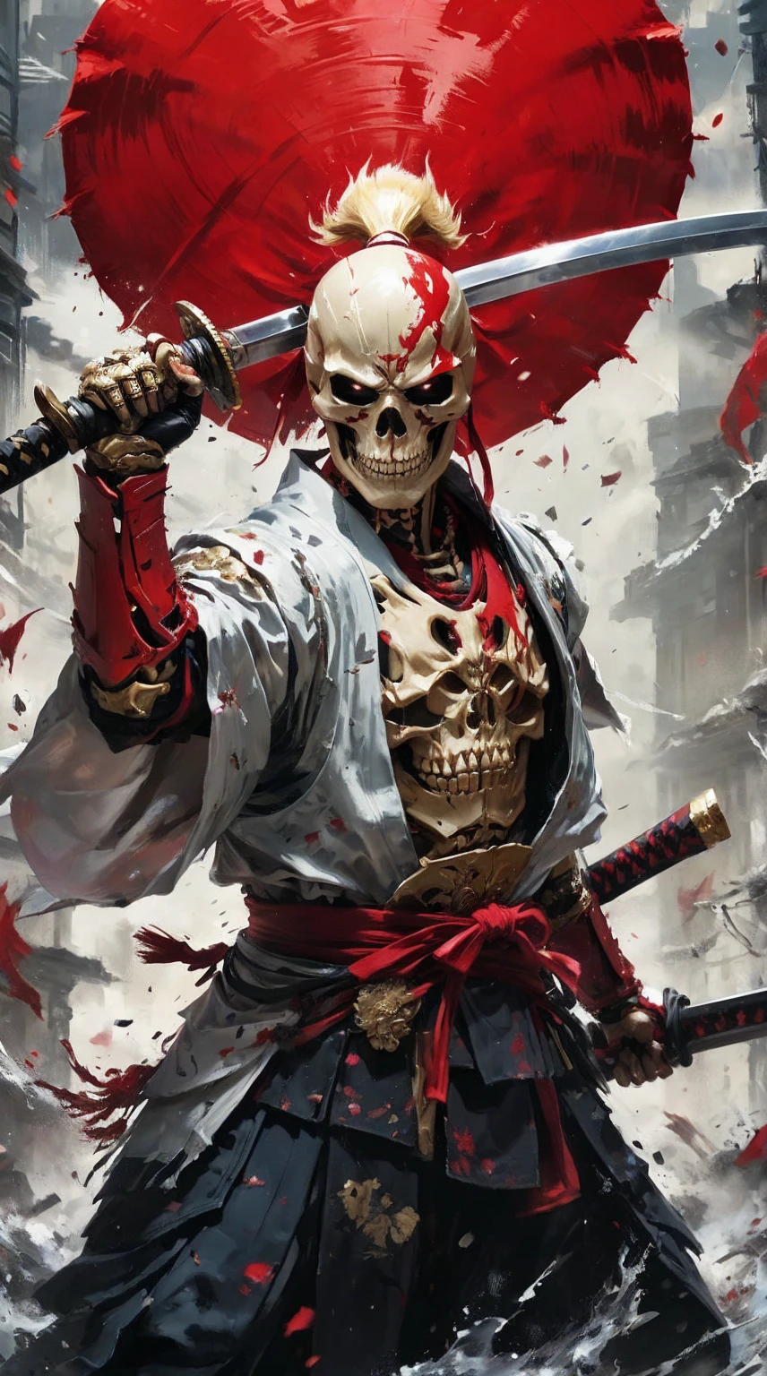 It depicts a skeleton ninja wearing a red samurai-style suit、Create ultra-high definition 4K resolution digital artwork。. The artwork is、I need to draw the determined faces of street-level skeletal ninjas..。. Lighting should be dynamic, Highlight the intricate details of your character. The overall style is、It should resemble a splash art with 3 colors and deep tones.。. The artwork should have a calm, picture-book feel.. ninja&#39;Do not cut hair. Please recommend the best camera model and lens to photograph the artwork...