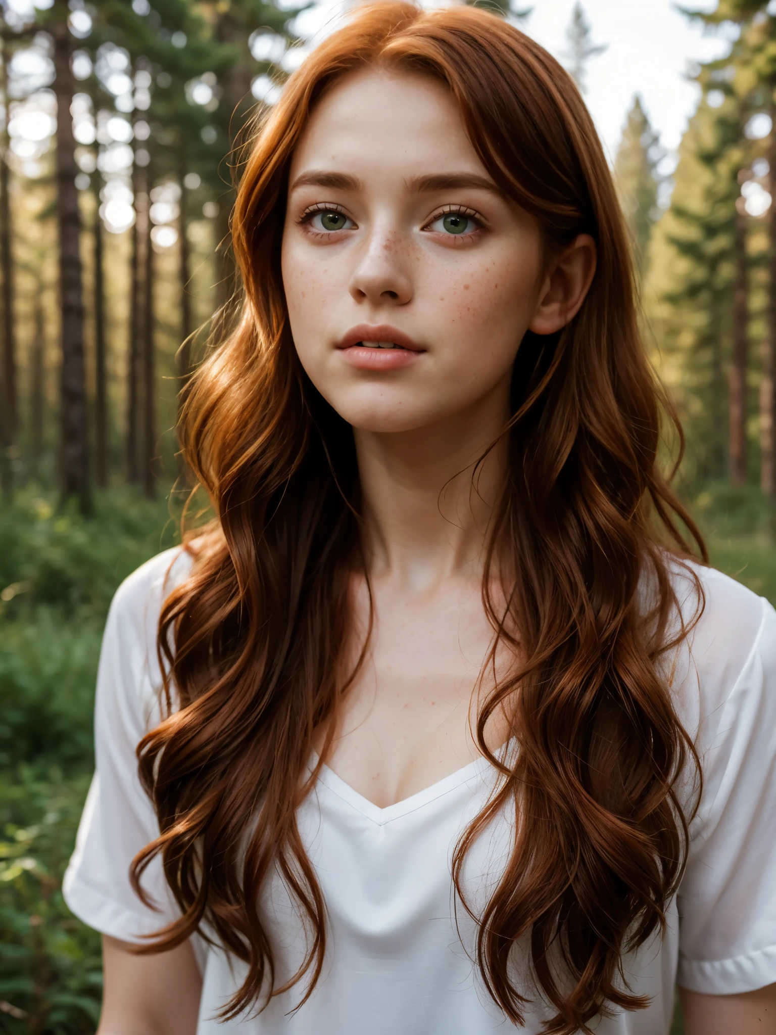 Outdoor, European forest background,one woman, natural irish red hair, curly hair, cute 18 years old, natural makeup, freckles, green eyes, european girl,natural light ,front
