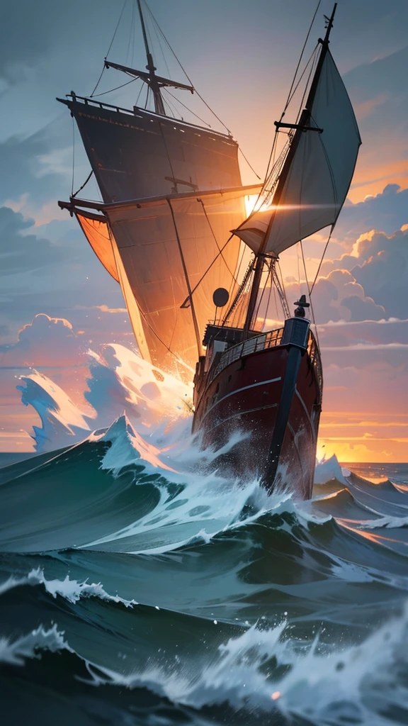 a Portuguese ship sailing through the famous dangerous Cape of Good Hope, with a great storm and high waves, cinematic lighting, dramatic sky, crashing waves, detailed ship, realistic ocean, 4k, high quality, photorealistic