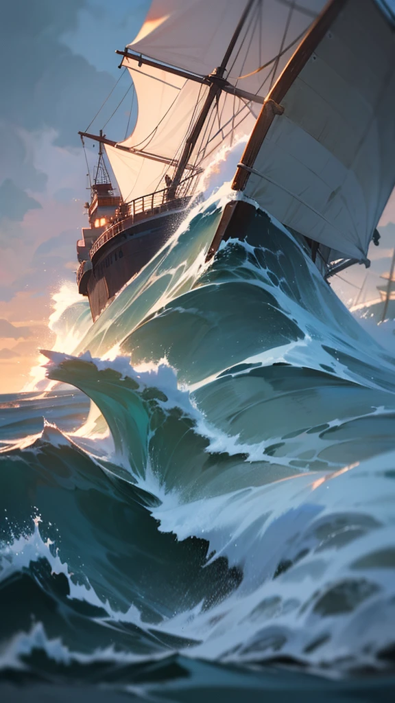 a Portuguese ship sailing through the famous dangerous Cape of Good Hope, with a great storm and high waves, cinematic lighting, dramatic sky, crashing waves, detailed ship, realistic ocean, 4k, high quality, photorealistic