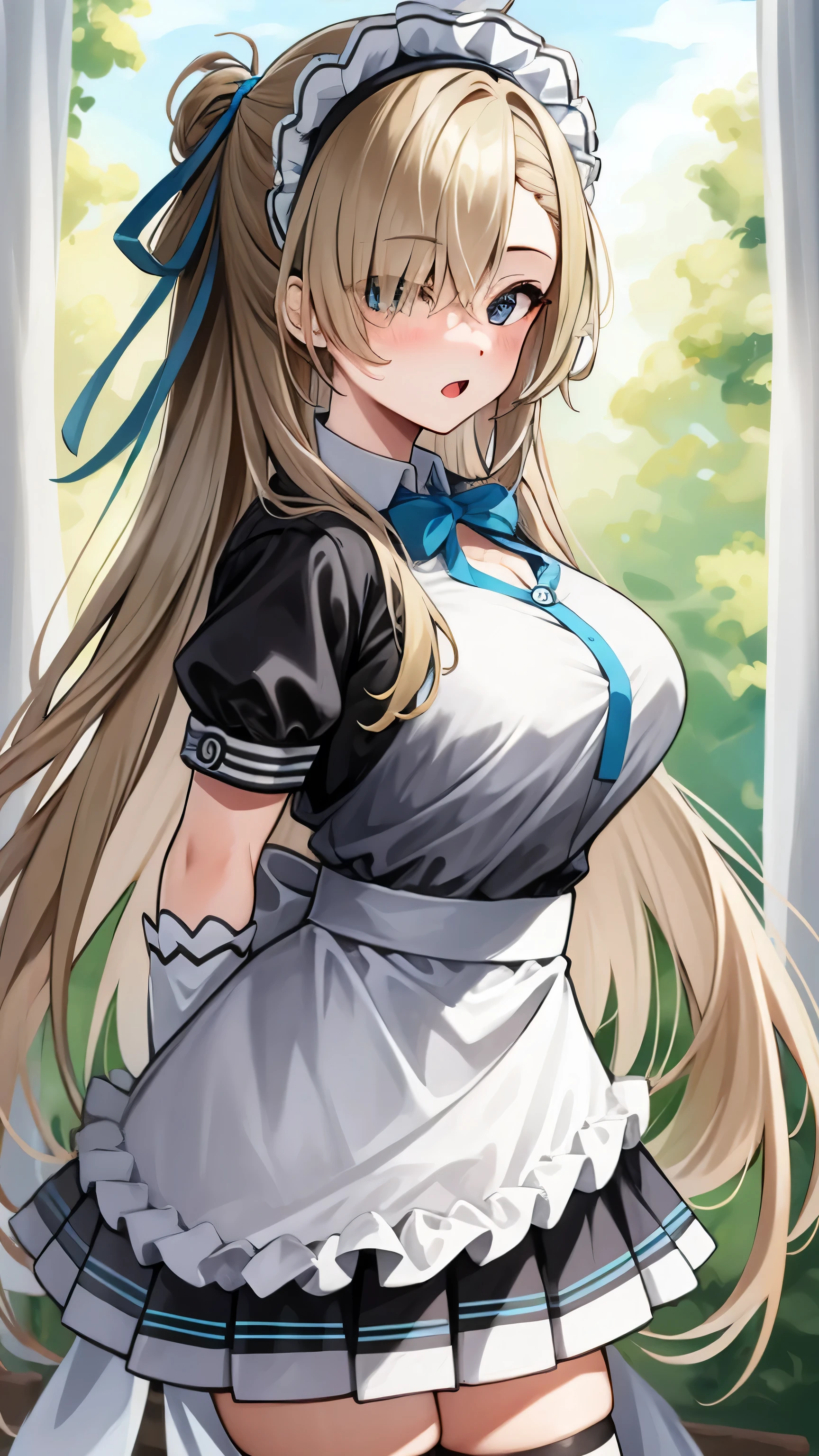 (highres), (absurdres), (best quality), (high quality), (masterpiece), 1girl, asuna, blue eyes, long hair, halo, hair over one eye, very long hair, light brown hair, (large breasts), hair ribbon, maid, maid headdress, apron, frills, frilled apron, puffy sleeves, short sleeves, white gloves, white thighhighs, arms behind back, looking at viewer,