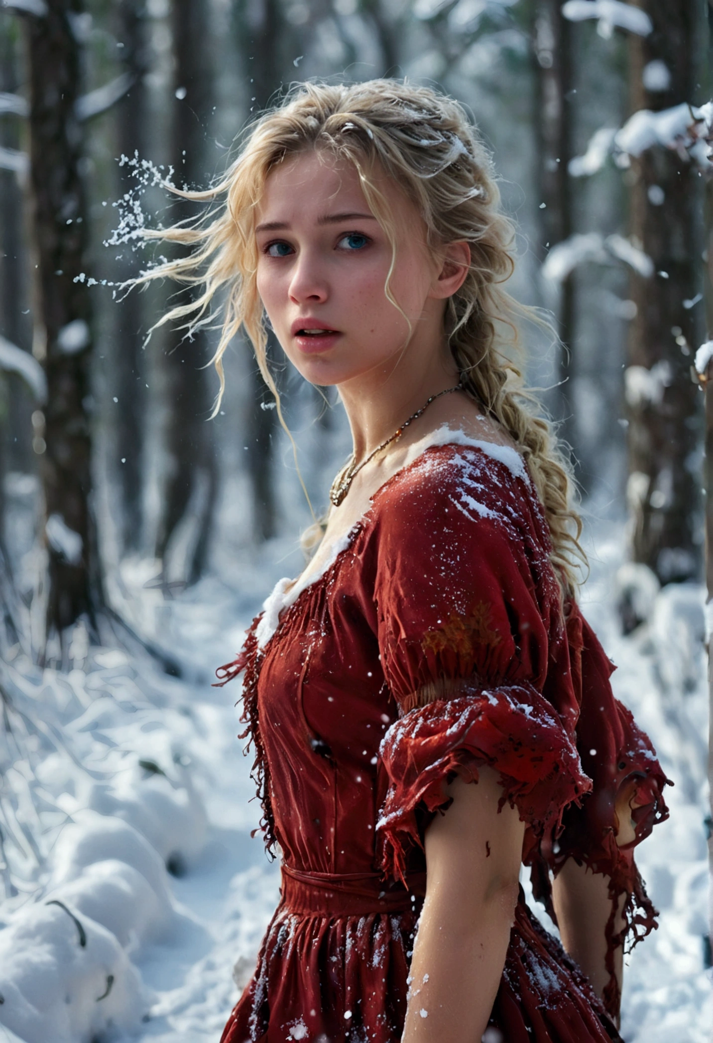 Masterpiece, Best Quality, Russian woman 19 years old running through the forest through snowdrifts, bare footed, teenaged, Blonde Kinky, Medium-length hair without styling, Snow on wet hair, torn, Dirty, Bloodstained Short Long Sleeve Dress, Bracelet on the left wrist, realistic hands, necklace around the neck, Her skin is covered with goosebumps, Running through a snowy forest barefoot in deep snow (The snow is almost knee-deep). In the middle of a winter forest, Looking Ahead, Snowy Wild Forest, It's cold, snowing, beautiful face, Freezes, Lips turn blue, Thin body, shapely legs, steam from the mouth, stunned, frightened look, Deep Snow, Snowflakes fall, The body turns red, Cold, teardrops, hysterics, dread, The dress is torn, bruises, abrasions and bruises on the legs and face, (YES NSFW)