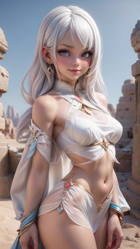 ariel, upper body portrait, white hair, beautiful, cute arabian transparent Langerie, warrior, midriff, fit, white hair, desert background, realistic fantasy ,concept art, sexy, excited, gorgeous face,fully body, breasts small, smooth skin, Medium pink mouth, Linda, naturals .Transparent silk on clothes, 80% of the uncovered body,Cheeky smile.,Well-defined lips.