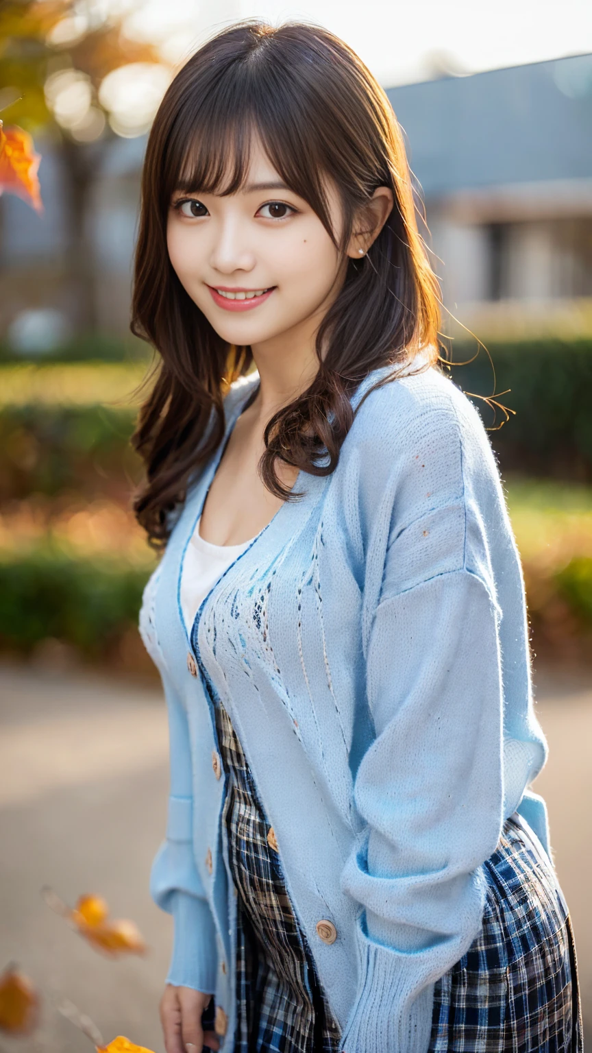 Tabletop, Highest quality, 
Very detailed, In detail, High resolution, In 8K,
((Photorealistic:1.4, RAW Photos, 超High resolution,Best image quality: 1.4)),
wallpaper, 
((Perfect body composition 1.5)), 
Beautiful attention to detail, Natural color lip,
((穏やかなsmile:1.5)),
((Random cute hairstyles)), 
((Quite large breasts、Chest is open、No underwear:1.2)),
((from the front:1.5)),
((Proudly、Look under the eyes、Proudly、Mole on arm:0.9)),
((Randomly blurred background)),((The Sunset Sun)),((autumn leaves)),
((Random and cute expressions)),, 
Highly detailed and professional lighting、
Perfect dynamic composition, Beautiful attention to detail,((Leaning forward:1.5)), ((Light blue cardigan:1.6)),((Checkered long skirt:1,5)),((smile,Harajuku)),((sexy shot looking at camera))
