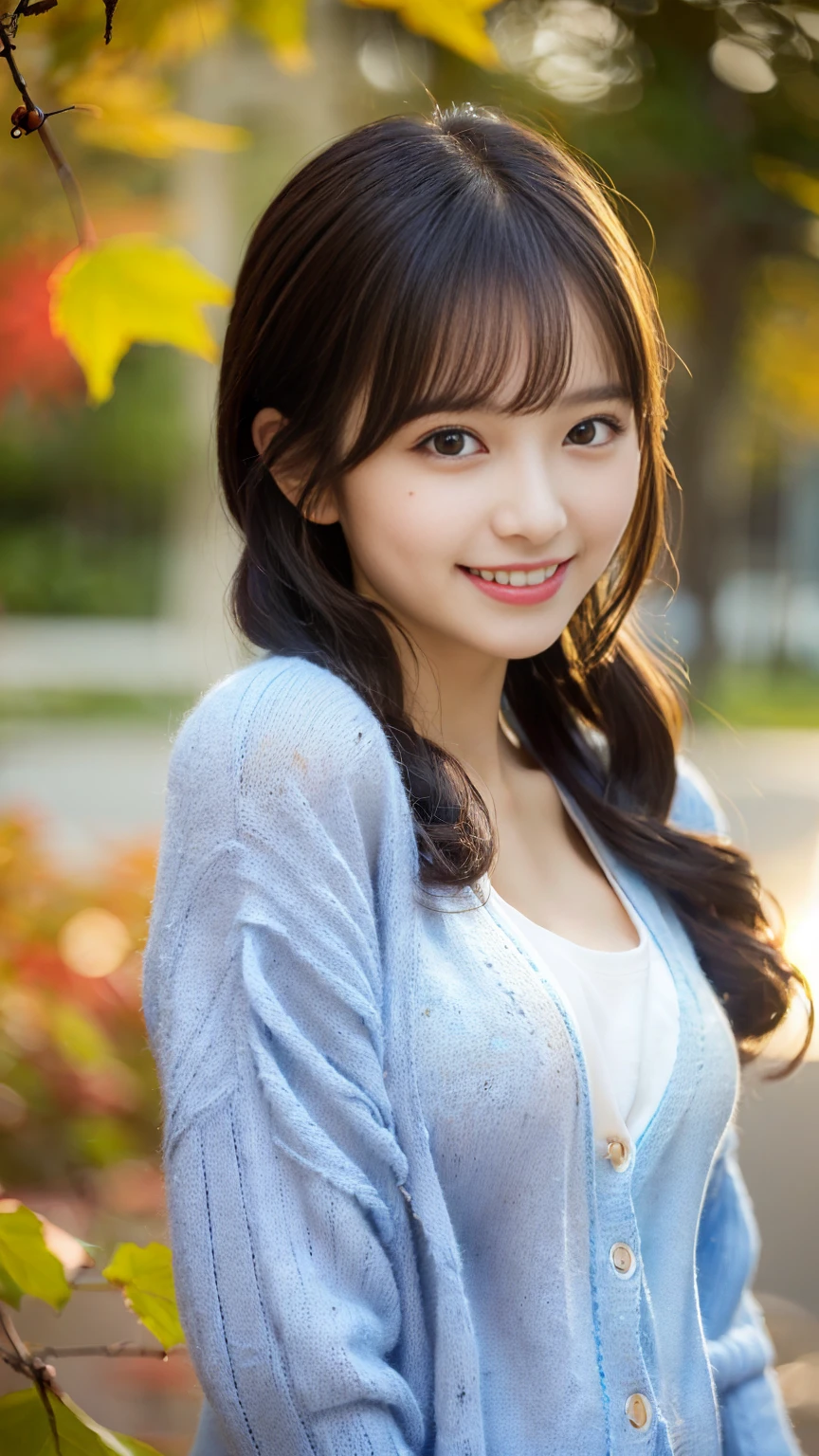 Tabletop, Highest quality, 
Very detailed, In detail, High resolution, In 8K,
((Photorealistic:1.4, RAW Photos, 超High resolution,Best image quality: 1.4)),
wallpaper, 
((Perfect body composition 1.5)), 
Beautiful attention to detail, Natural color lip,
((穏やかなsmile:1.5)),
((Random cute hairstyles)), 
((Quite large breasts、Chest is open、No underwear:1.2)),
((from the front:1.5)),
((Proudly、Look under the eyes、Proudly、Mole on arm:0.9)),
((Randomly blurred background)),((The Sunset Sun)),((autumn leaves)),
((Random and cute expressions)),, 
Highly detailed and professional lighting、
Perfect dynamic composition, Beautiful attention to detail,((Leaning forward:1.5)), ((Light blue cardigan:1.6)),((Checkered long skirt:1,5)),((smile,Harajuku)),((sexy shot looking at camera))