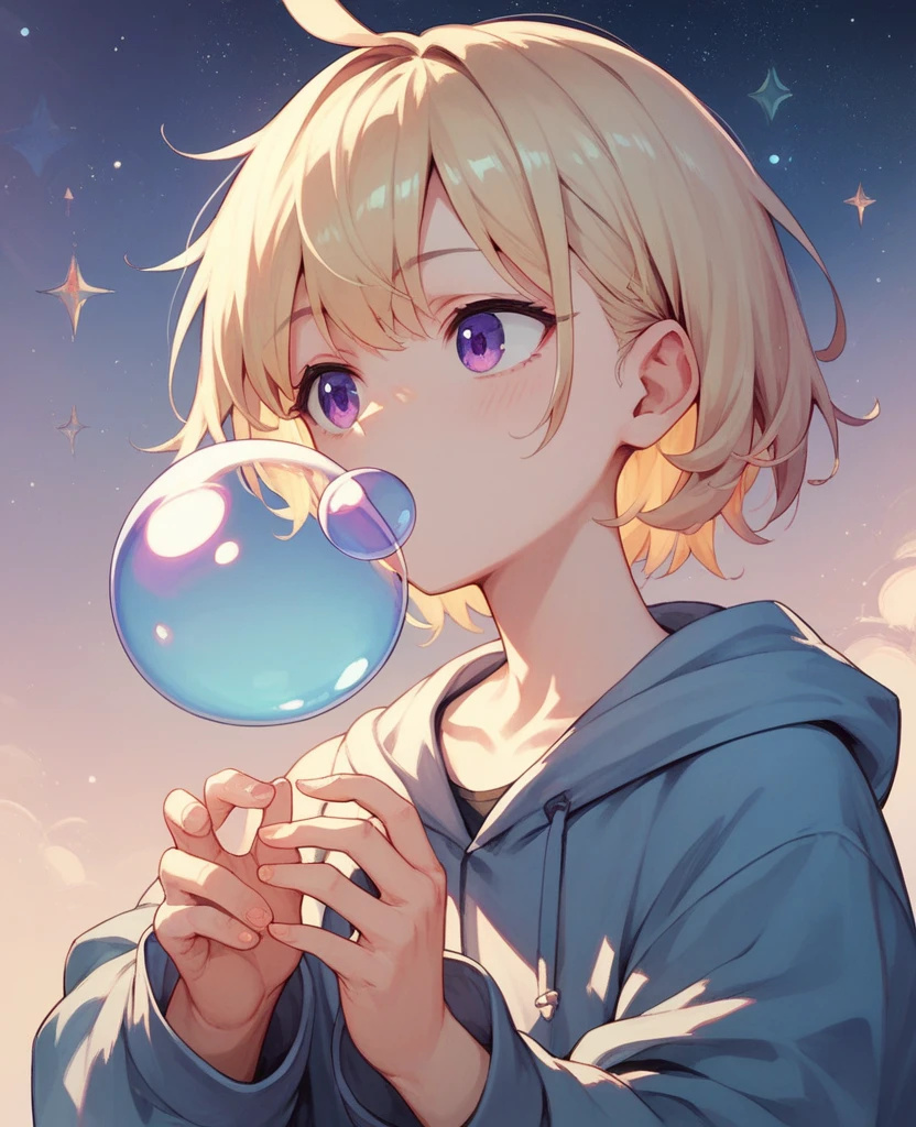Anime style light blonde girl,Purple Eyes,Blowing bubbles under the stars
