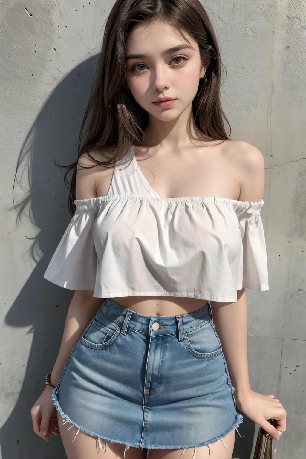 Beautiful 18-year-old brunette girl wearing a short one-shoulder blouse and a high-waisted denim skirt showing her navel