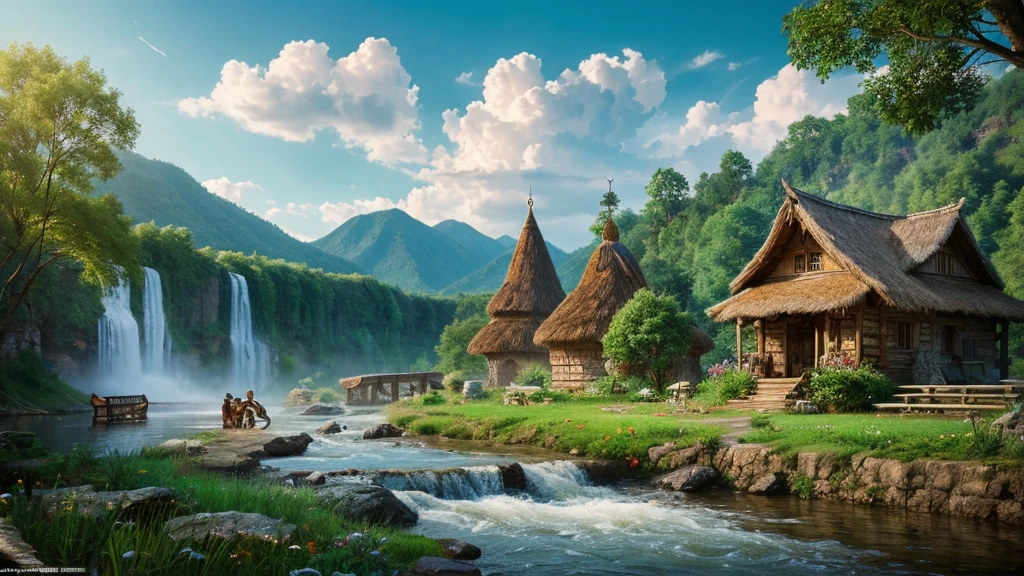 Belarusian ancient village, mystical nature, Rivers, Mountains and forests, waterfall, cloud, Photorealistic photos, It's not 8k. Aerial view.