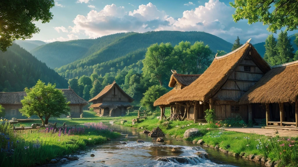 Belarusian ancient village, mystical nature, Rivers, Mountains and forests, waterfall, cloud, Photorealistic photos, It's not 8k. Aerial view.