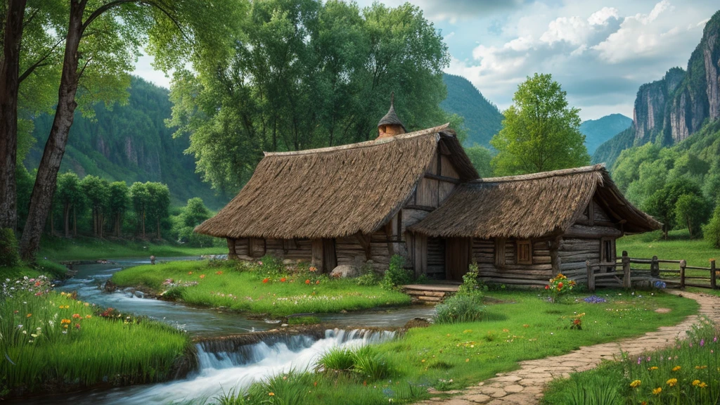 Belarusian ancient village, mystical nature, Rivers, Mountains and forests, waterfall, cloud, Photorealistic photos, It's not 8k. Aerial view.