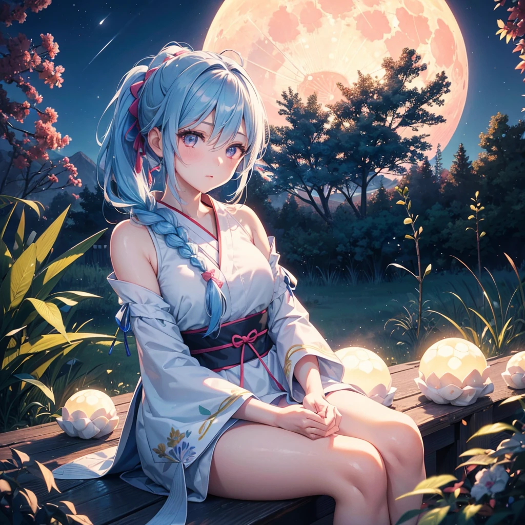 Sky blue hair, (Braided Ponytail:1.2), Pink eyes,Fair skin ,(whole body),(One Girl),Tsukimi,(White sweet dumplings ),White round dumplings,Japanese pampas grass,(beautiful, Full moon shining in the night sky),(masterpiece, Highest quality, Very detailed, Best Shadow), (Detailed Background), (Beautifully detailed face), High Contrast, (Best lighting, Very delicate and beautiful), ((Cinematic Light)), colorful, Hyper Detail,8k, Dramatic Light, Intricate details,Sit and eat dumplings while watching the moon,(Shadow of a rabbit on the moon),mysterious