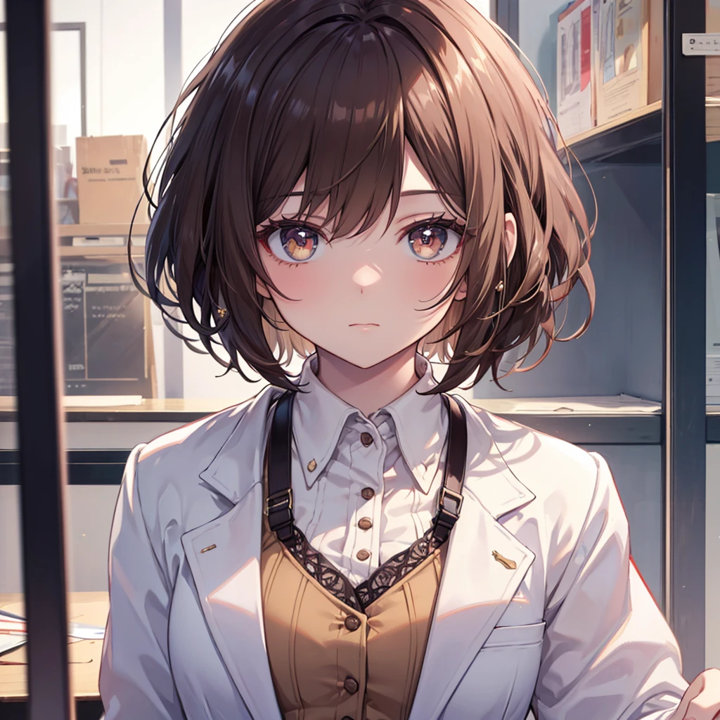 CG, Unity, 8k, wallpaper, Highest quality, masterpiece, Lovely lady, 18-year-old, Brown hair short cut, White skin, Best lighting, Complex pupil, Intricate weaving,professor,Wearing a white coat