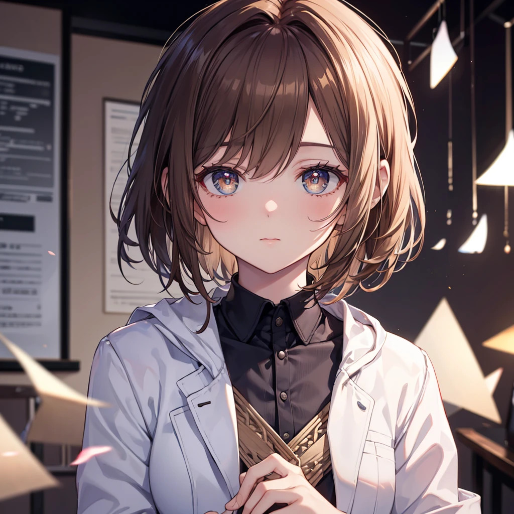 CG, Unity, 8k, wallpaper, Highest quality, masterpiece, Lovely lady, 18-year-old, Brown hair short cut, White skin, Best lighting, Complex pupil, Intricate weaving,professor,Wearing a white coat