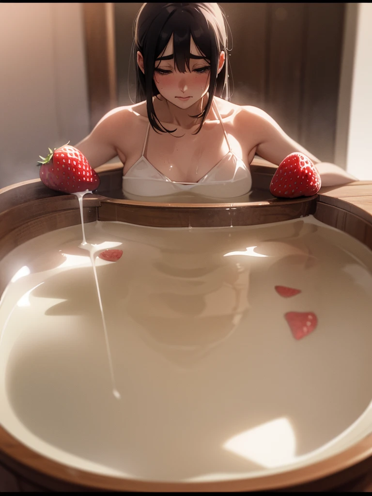 School Swimsuit, Miho Kohinata, Black Hair, Short Hair, Ahoge, White swimsuit, One piece swimsuit, Watery eye, Punishment, Crying face, scream, I am in agony, Desperately struggling, Like a TV show, whole body, shame, Taking a bath，Bathtub，hot water bath，steam, whole bodyが水槽の中, Bright red skin, Withstands the heat, Being boiled, Hot Water Commercial, The challenge of withstanding boiling water, Boiled in a pot, Wet and see-through,Ironing