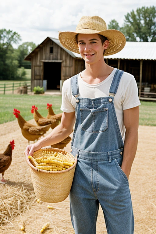 Young handsome cute beautiful skinny white face shirtless naked overalls winged bottons of his grandmother humble ranch hat holding a basket of corn in his hand feeding corn to many chickens that are around him in a little house behind him