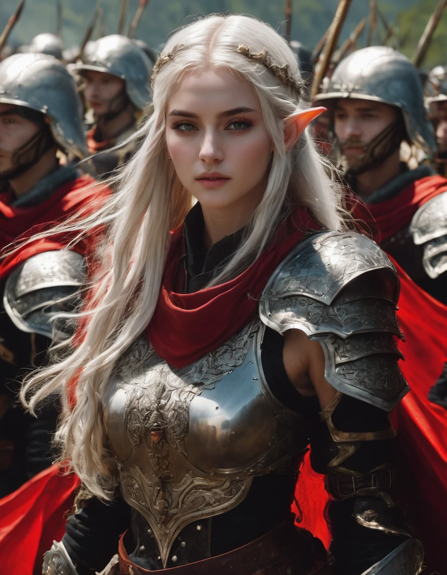 punctuation_9, punctuation_8_High above, punctuation_7_High above, textura de pele realista, detailed image of the anime, HD32k, hight contrast, textura de pele realista, beautiful elf warrior, long white hair, medium breasts, aretes, dark red and black fantasy armor, With two swords in his hands, BREAK surrounded by a crowd of armored soldiers on a battlefield, facefocus