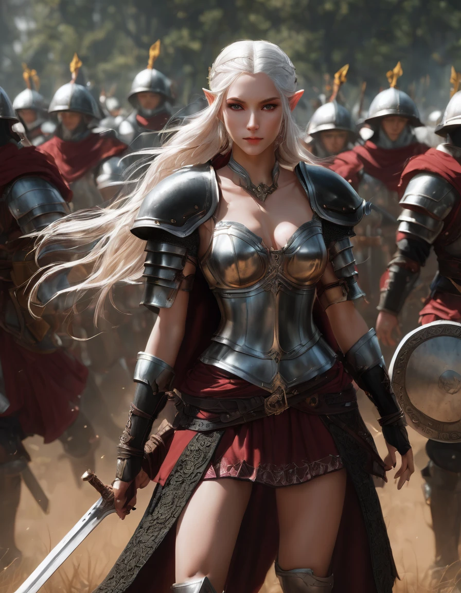 punctuation_9, punctuation_8_High above, punctuation_7_High above, textura de pele realista, detailed image of the anime, HD32k, hight contrast, textura de pele realista, beautiful elf warrior, long white hair, medium breasts, aretes, dark red and black fantasy armor, With two swords in his hands, BREAK surrounded by a crowd of armored soldiers on a battlefield, facefocus
