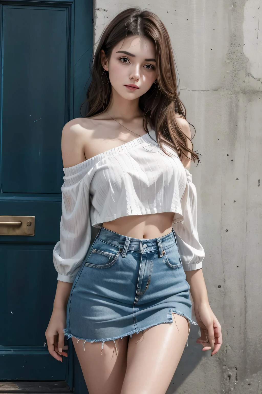 Beautiful 18-year-old brunette girl wearing a short one-shoulder blouse and a high-waisted denim skirt showing her navel