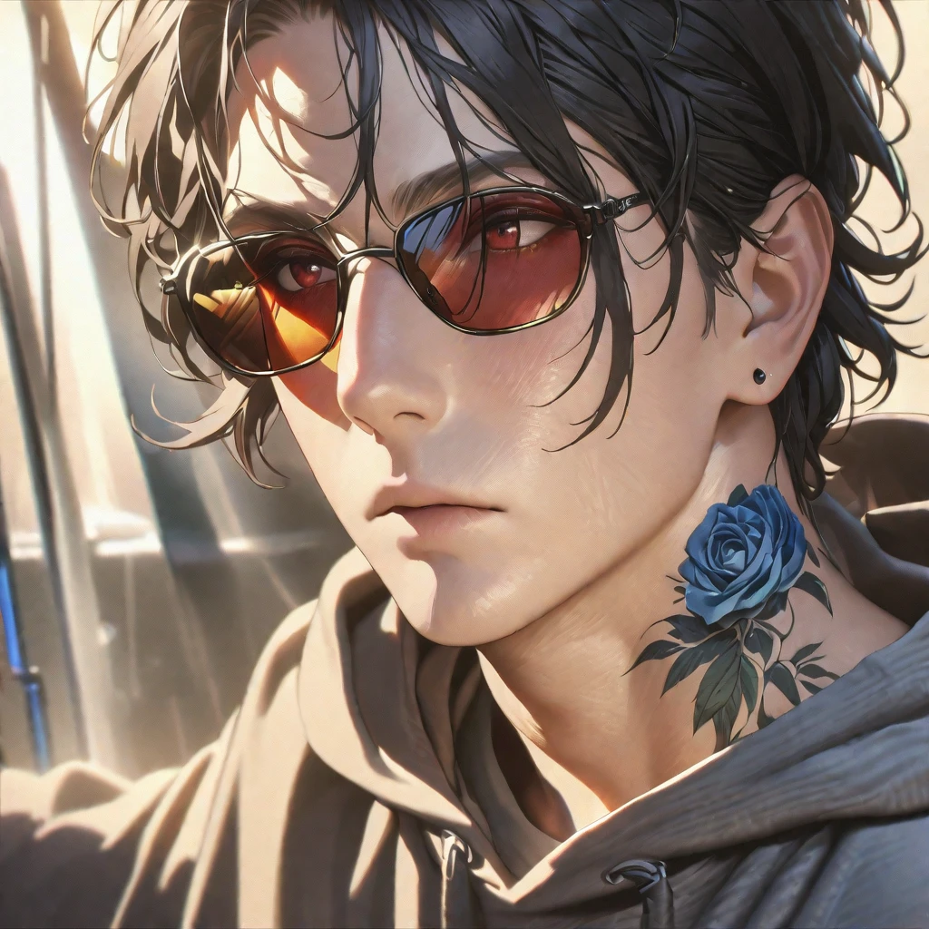 a handsome man with braided black hair and red eyes, wearing an oversized hoodie, sunglasses and casual clothes, with a blue rose tattoo, portrait, detailed face, hyperrealistic, photorealistic, 8k, best quality, highly detailed, studio lighting, masterpiece, cinematic lighting, dramatic lighting,water color