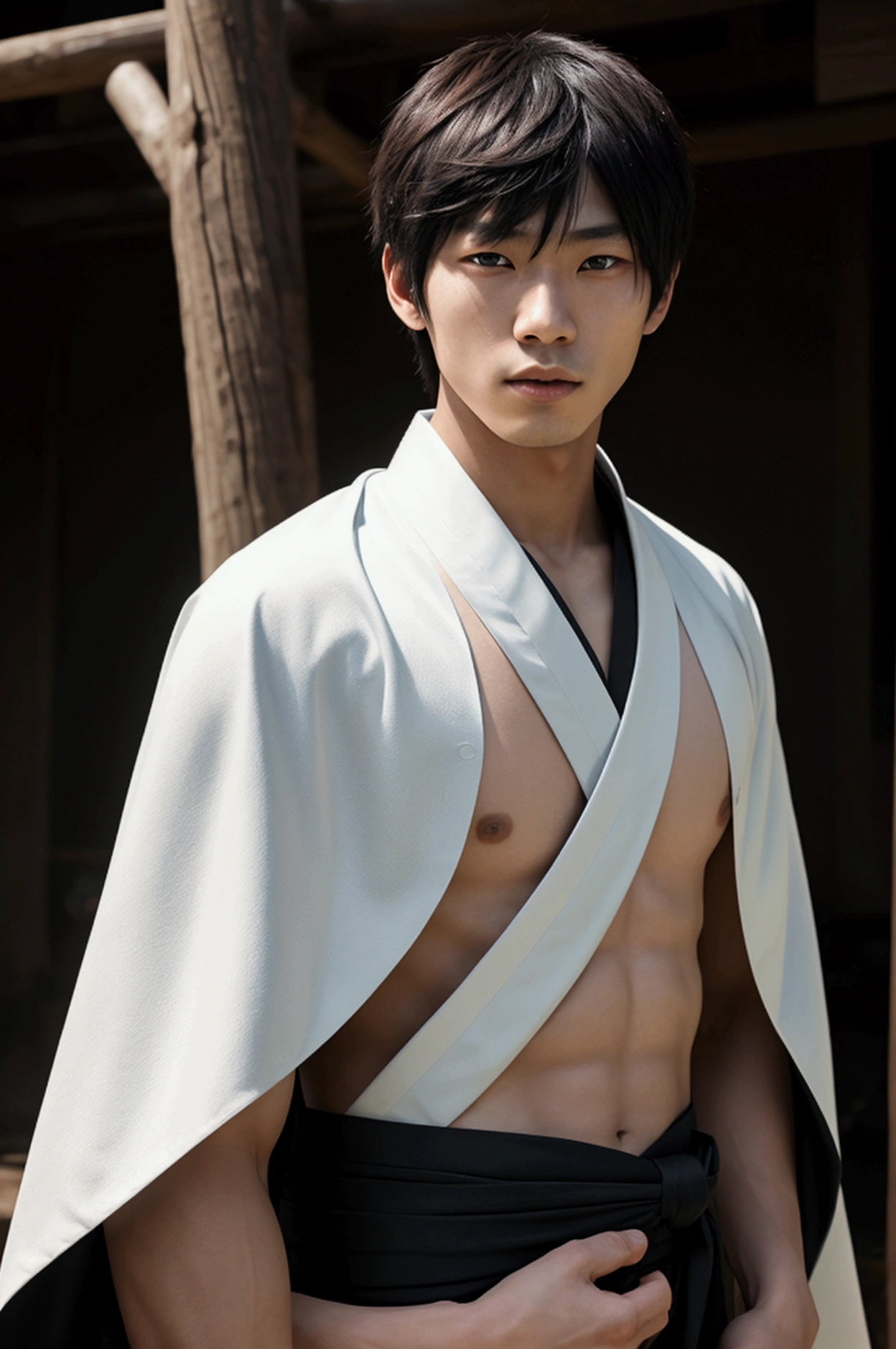 a young Japanese man of eighteen years of age with a razualvemte full physique, have fair skin, His eyes are blue and his hair is copper with a fringe covering part of his eye on the left side., one eye covered by bangs, the young man is six feet tall and two centimeters tall, and wears a white kimono with a black cape and has a strong look. captured in an ultra-realistic full HD 4K portrait, detailed texture showing its menacing shape, Immersive atmosphere, high definition shadow play, digitalpainting, nevoa no environment..