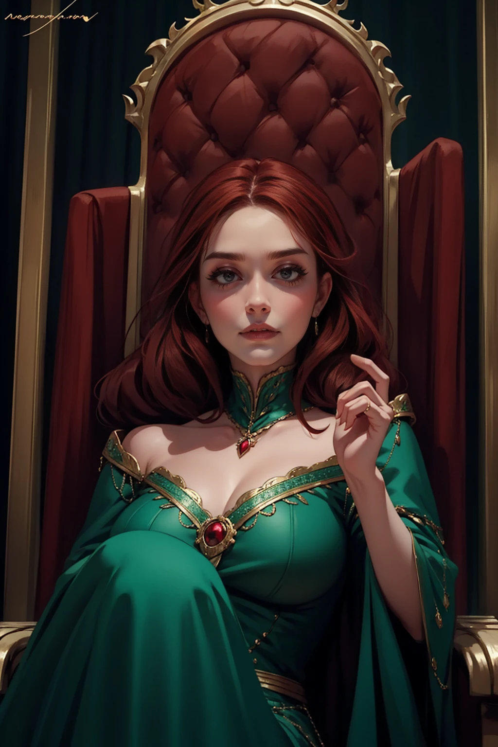 {-erro_de_anatomia:1.0} woman 40 years old, victorian era, queen clothes, (green dress), dark castle, a woman (alicent hightower), meddium dark red hair (dark red hair), (brown eyes) . Indifferent look , merciless. among the dragons, dinamic poses, egoist smile, upper body, sitting in the iron throne