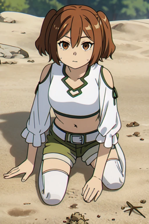 ((Bestquality))),((Ultra-detailed)),((illustration)),((Disheveledhair)),((frilld)),(1girl),(Solo), 1girl,alternate costume,beach,belt,breasts,brown eyes,brown hair,closed mouth,clothing cutout,day,desert,footprints,grass,green shorts,long sleeves,looking at viewer,midriff,navel,on ground,outdoors,path,road,sand,shirt,short hair,short shorts,shorts,shovel,sitting,solo,stick,thighhighs,twintails,two side up,virtual youtuber,white legwear,