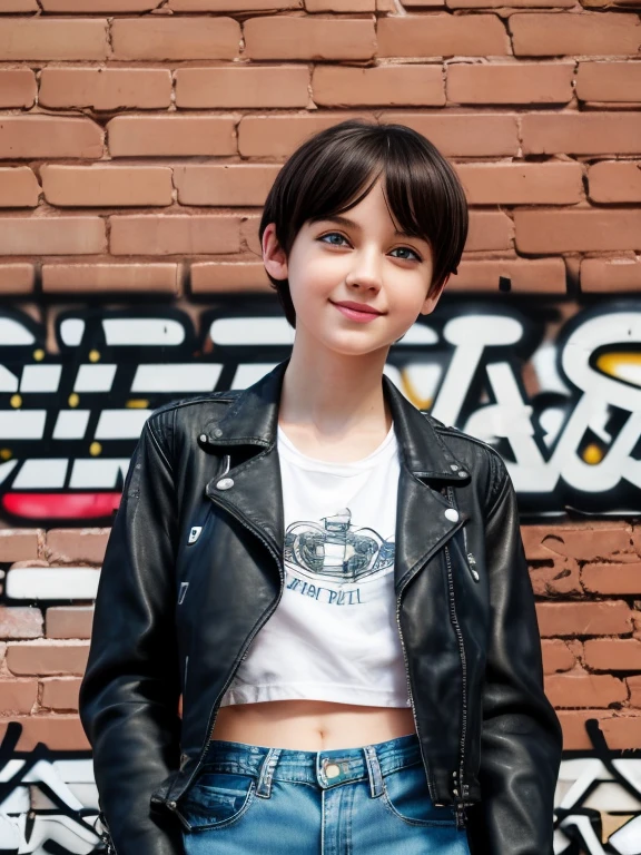 (Masterpiece, Hyperrealistic, 8k, HDR, RAW), ((Natural illumination)), sunny illumination, sunlight illumination, ((Pretty girl)), American girl, cute girl, ((Pale skin)), ************, ((Black short hair)), ((Blue eyes)), ((Cloudy day)), ((Sports top)), ((Black leather jacket)), ((Flat tummy)), ((Denim Shorts)), ((In front of a brickwall with Graffiti on it)), ((Slender body)), cute face, blush, big eyes, grin, perfect anatomy