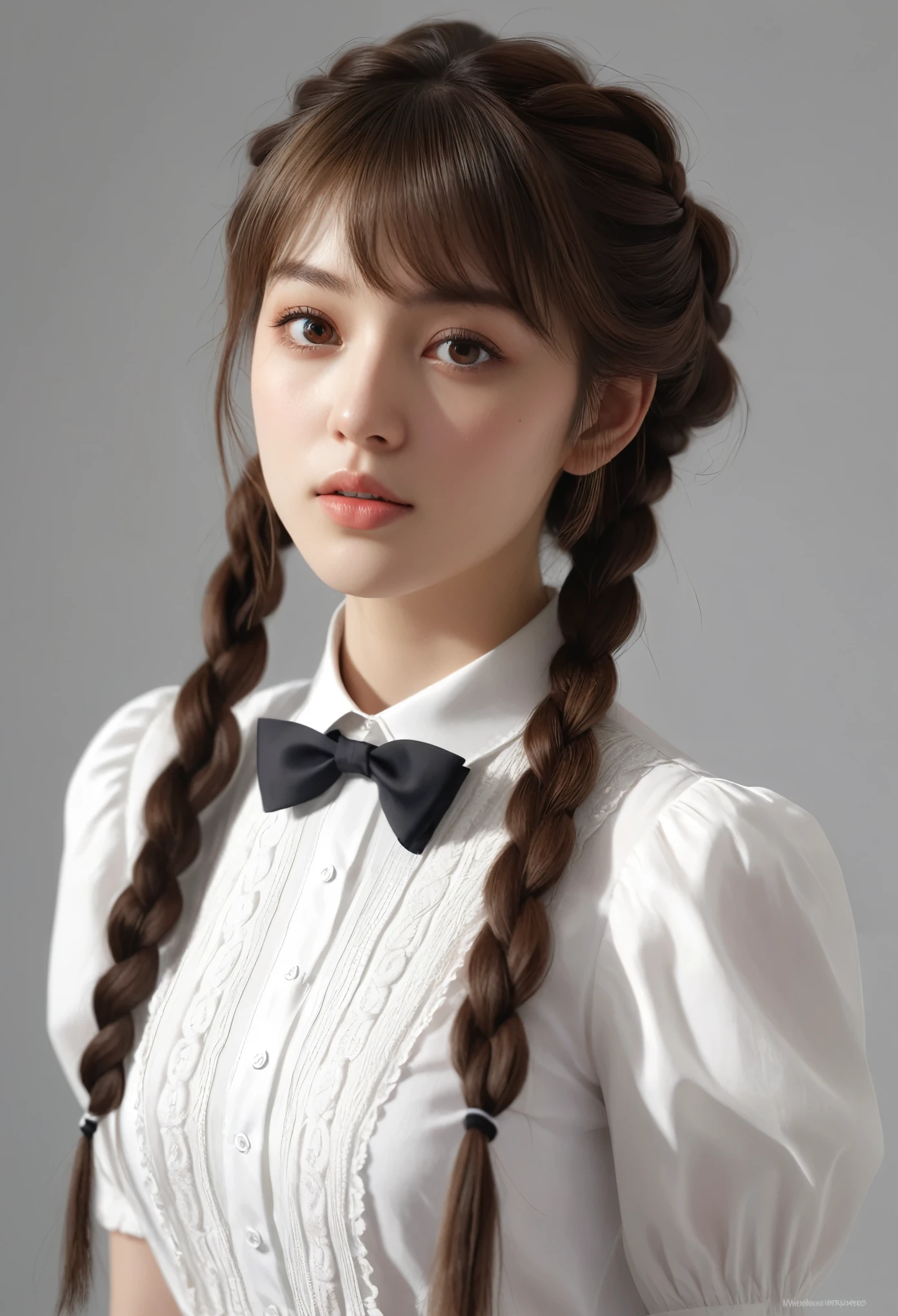 (masterpiece), (最high quality), (Very detailedな), (Best Shadow), (photoRealistic:1.4), Frilled blouse, skirt, white ankle socks, (((((A long shot of a woman walking slowly))))), high quality, masterpiece, Very detailedな, High resolution, 4K, 超High resolution, Detailed Shadows, Ultra-realistic, Dramatic lighting, One Girl, alone, Detailed face, Realistic eyes, Realistic Skin, Dynamic Hair, Dynamic pose, Dynamic Angle, White floral dress, White Background, Urzan-6500-v1.1, (RAW Photos:1.2), ( Realistic:1.4), Beautiful detailed girl, Very detailed eyes and face, Beautiful attention to detail, Ridiculous, incredibly Ridiculous, Large file size, Very detailedな, High resolution, Very detailed, 最high quality, (Bright interior), (Soft Light), (Low contrast), (Shallow depth of field), (portrait of a beautiful woman illuminated by gentle light), (Very delicate and elegant depiction), (Short bangs), (Hair color is dark chestnut with a slight brown tinge), (Hair with subtle and gentle waves), (Small, intricate braids on the side of long hair), (Decorated with thin ribbons), ( White blouse with small frills), (bow tie), (青いロングskirt), (White short ankle socks), shape, Very detailed, CG, Unified, 8k wallpaper, wonderful, Finer details, 最high quality, Very detailed CG Unified 8k wallpaper, Face Light, Cinema Lighting, One Girl, 16 years old,