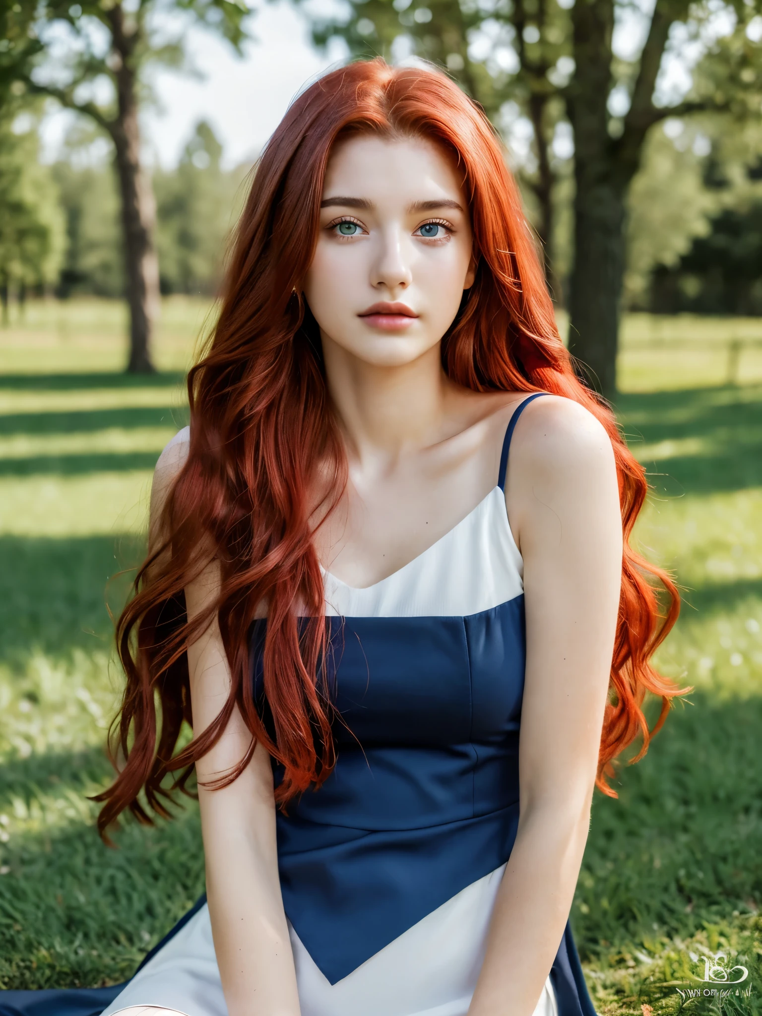 ( masterpiece, top quality, best quality,8k,17 years old girl,ultra detailed,raw photo:1.5),(photorealistic:1.4), (long red hair:1.5), (cinematic lighting), PerfectNwsjMajic, , Surrealism, uhd, ccurate, Super detail, textured skin, High detail, Best quality, dynamic angle, (high nose,White skin),[Beautiful blue eyes],[flat chest:large breasts:0.5],(1girl),(good anatomy:0.5)),(outside:1.5),dress，Smooth thighs