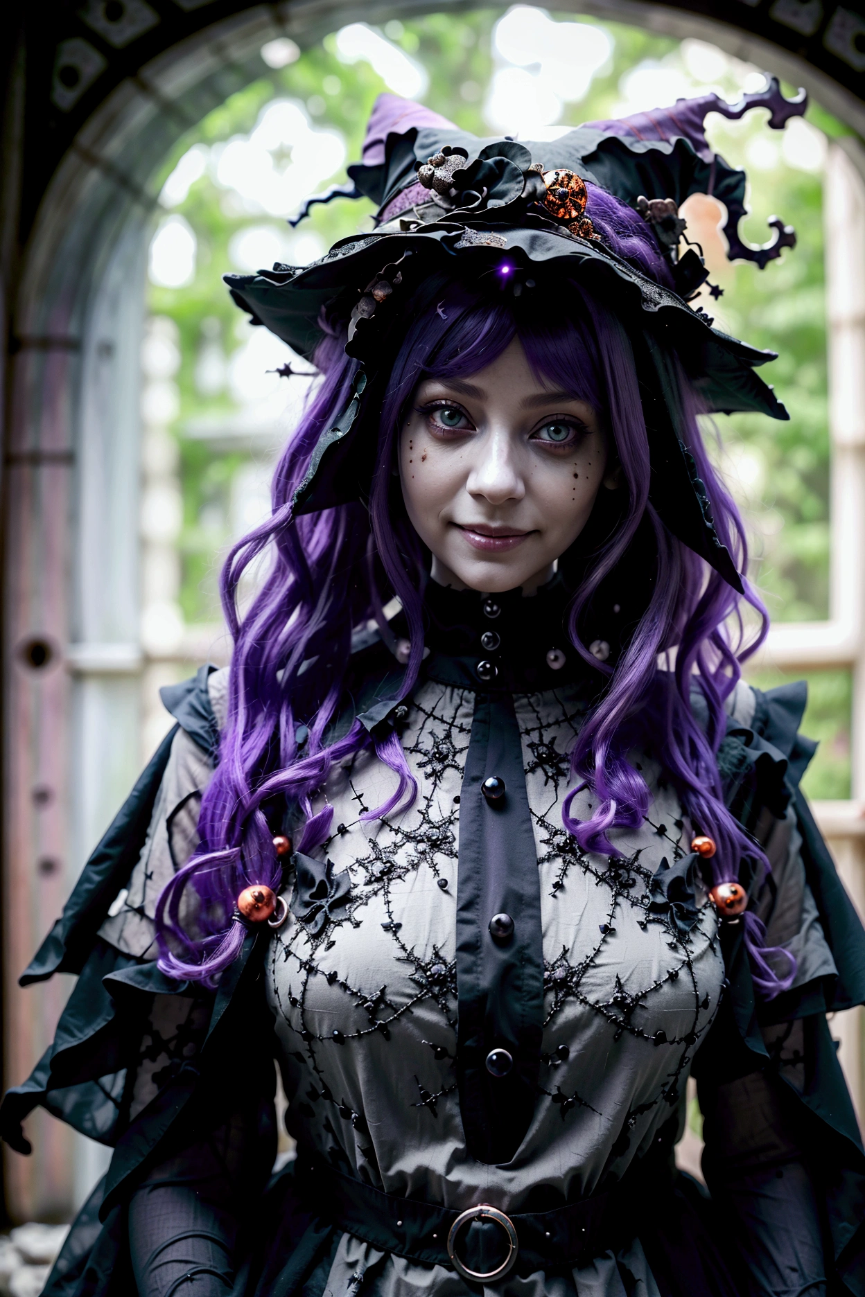 UHD, retina, accurate, anatomically correct, textured skin, super detail, high details, high quality, best quality, highres, 16k, red eyed woman. she have long wavy lilac hair, wearing witch hat and detailed witch dress, evil smile. abandoned mansion scene. she is holding the door, looking at the camera, inviting you to enter a haunted mansion with Halloween decorations