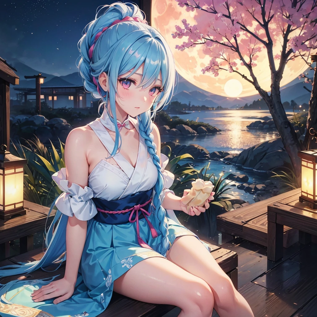 Sky blue hair, (Braided Ponytail:1.2), Pink eyes,Fair skin ,(whole body),(One Girl),Tsukimi,(White sweet dumplings ),White round dumplings,Japanese pampas grass,(beautiful, Full moon shining in the night sky),(masterpiece, Highest quality, Very detailed, Best Shadow), (Detailed Background), (Beautifully detailed face), High Contrast, (Best lighting, Very delicate and beautiful), ((Cinematic Light)), colorful, Hyper Detail,8k, Dramatic Light, Intricate details,Sit and eat dumplings while watching the moon,(Shadow of a rabbit on the moon),mysterious