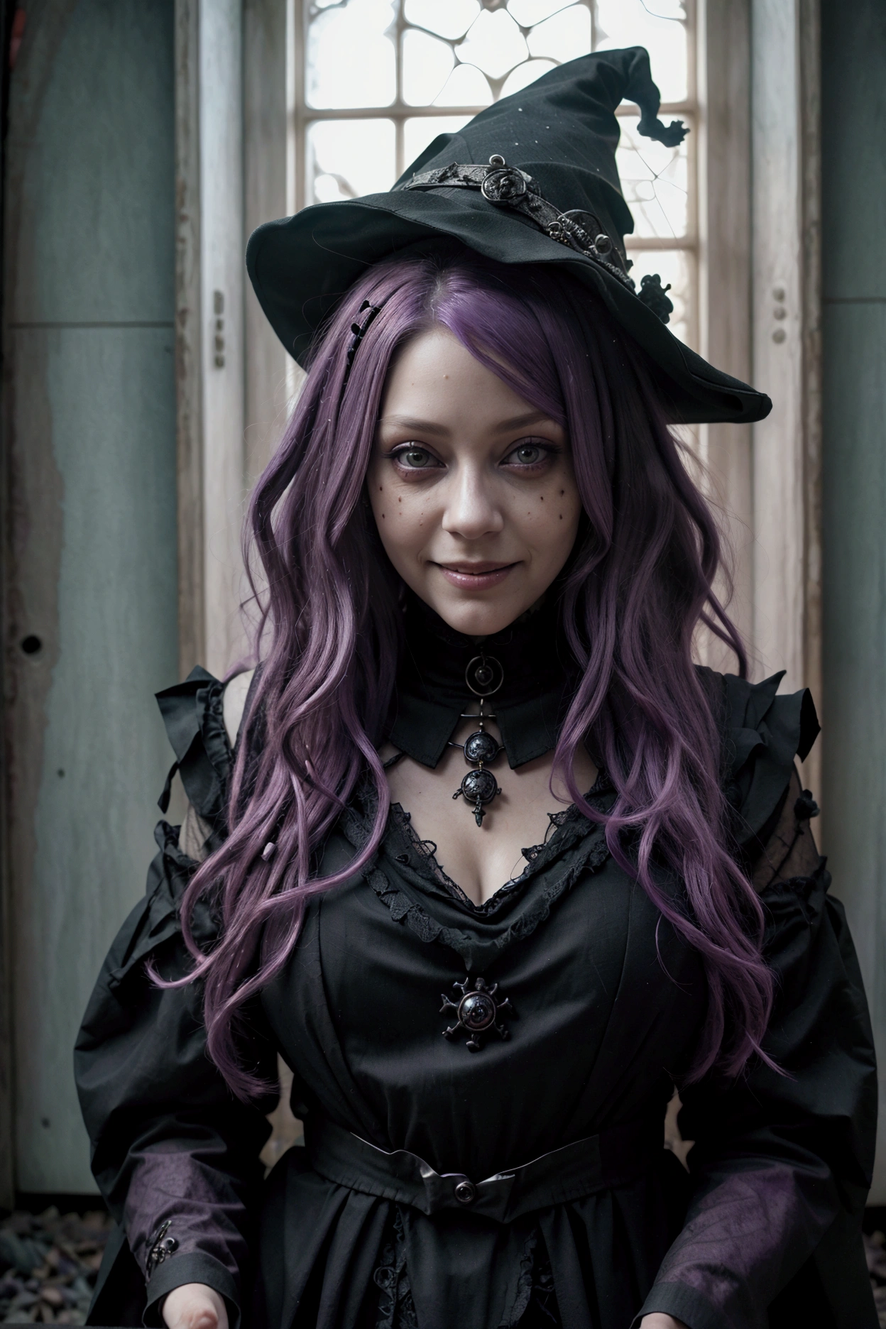 UHD, retina, accurate, anatomically correct, textured skin, super detail, high details, high quality, best quality, highres, 16k, red eyed woman. she have long wavy lilac hair, wearing witch hat and detailed witch dress, evil smile. abandoned mansion scene. she is holding the door, looking at the camera, inviting you to enter a haunted mansion with Halloween decorations