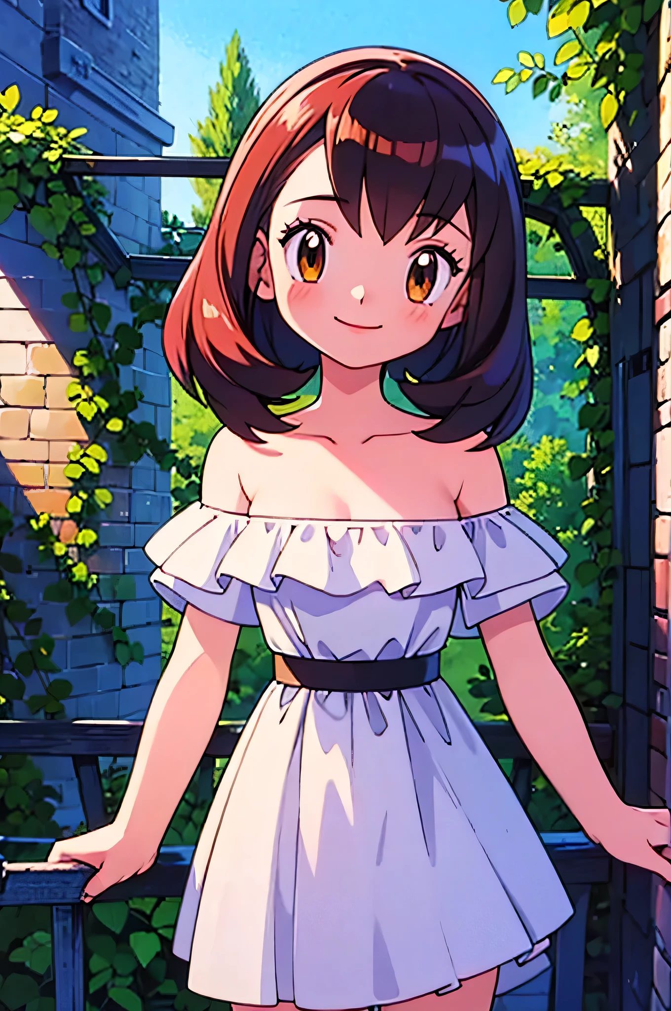 masterpiece, best quality, ultra-detailed, illustration, beautiful detailed eyes, very detailed illustration, cinematic lighting, 1 girl, solo, Pokemon Heroes (Bianca), Brown Hair, brown eyes, bare shoulders, strapless, white dress, off shoulders, white ruffle off the shoulder top, white maxi skirt, standing near a mansion, vines, blue sky, arms at sides, smile, Close up portrait, looking at viewers, far from the bottom
