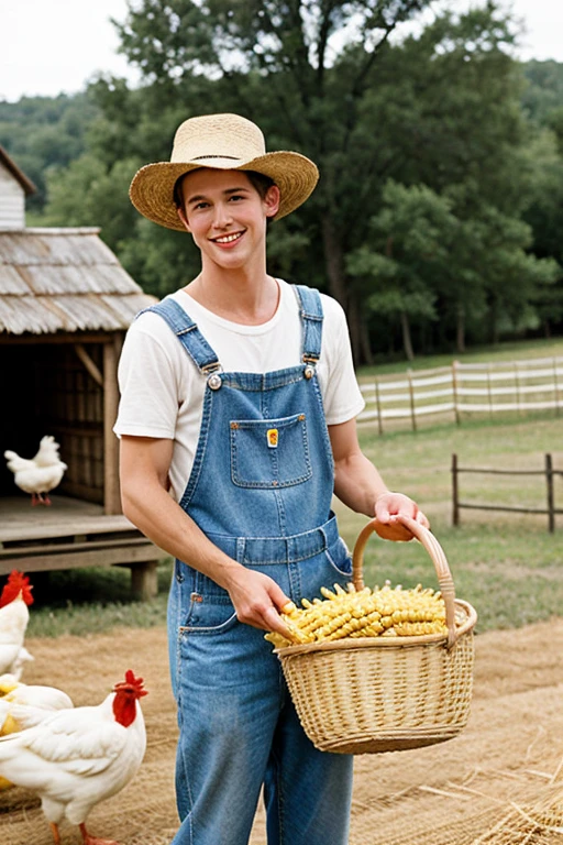Young handsome cute beautiful skinny white face shirtless naked overalls bottoms shorts winged his grandmother humble ranch hat holds basket of corn in her hand feeding corn to many chickens that are around a little house behind the cute man