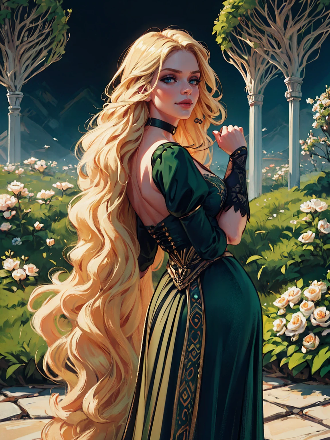 {-erro_de_anatomia:1.0} woman 40 years old, victorian clothes, (green dress), a woman (johanna constantine), very long blond hair, curly hair, (blond hair), (dark blue eyes), black choker . Indifferent look , merciless, dinamic poses, egoist smile, backwards, looking back